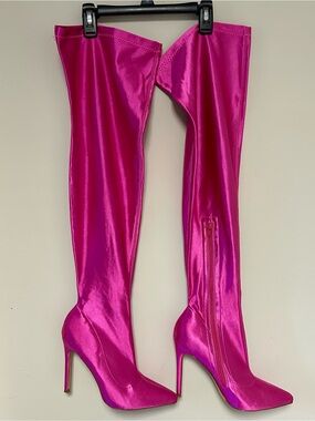 Fashion Nova Hot Pink Satin Over-the-Knee Stiletto Boots
